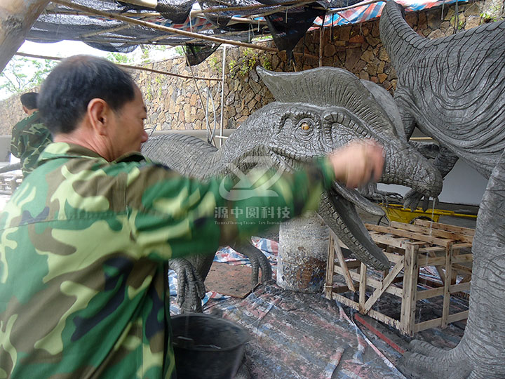 水泥雙冠龍雕塑，水泥恐龍雕塑